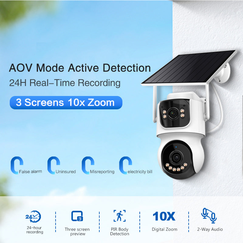 Solar-powered security camera with features highlighted on a blue and white background