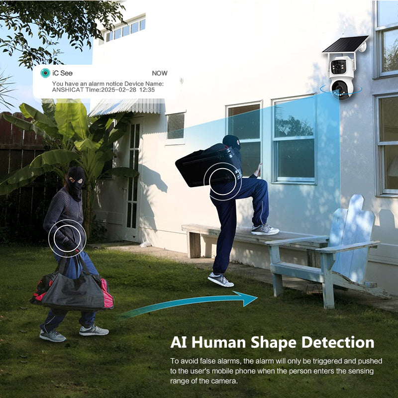 Security camera system with AI human shape detection feature outside a house.