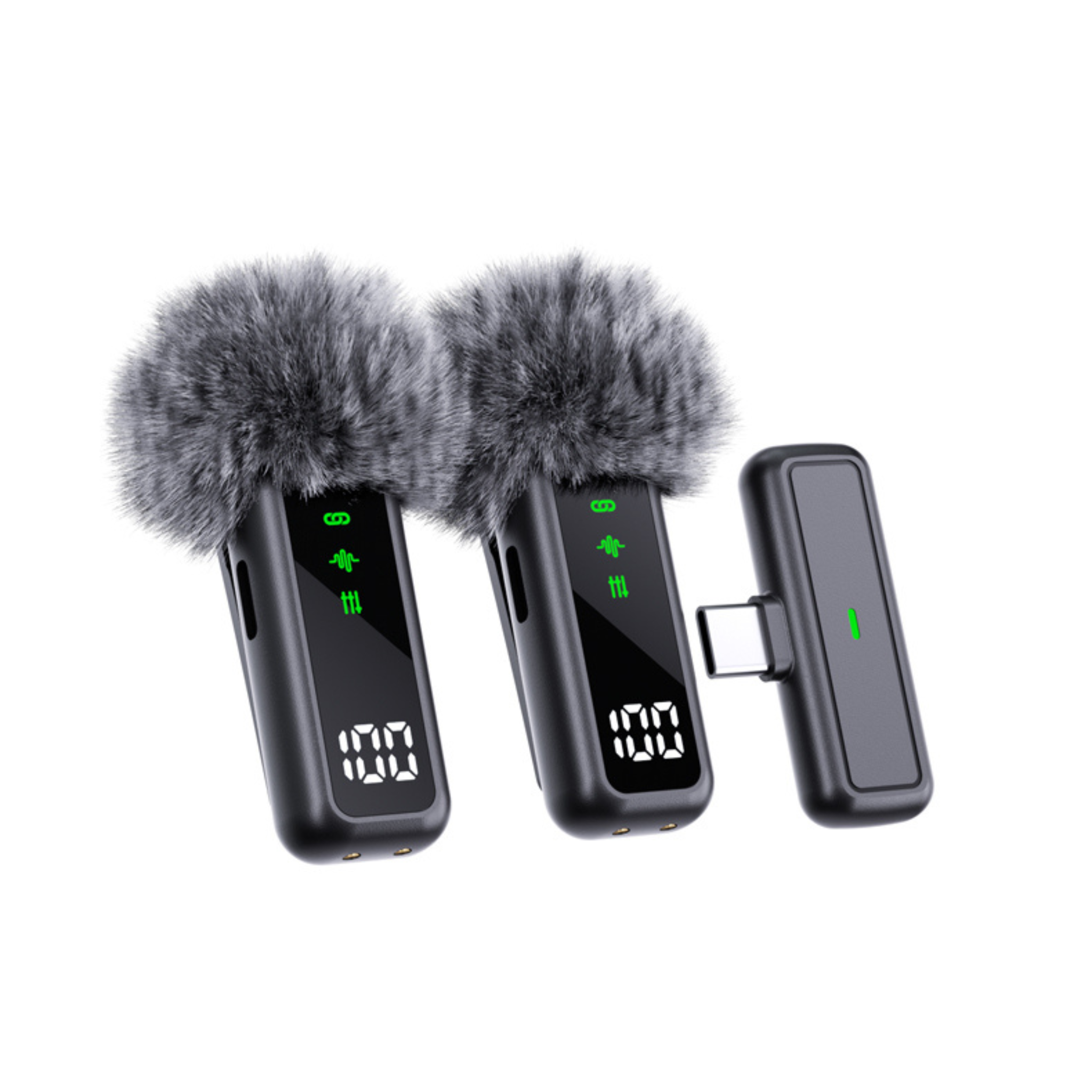 Two wireless microphone units with fur windshields and a receiver on a white background
