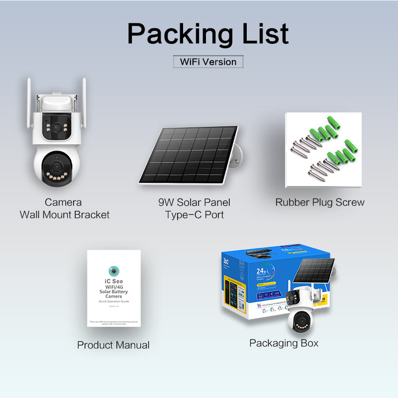 Packing list for a solar battery charger with camera, solar panel, and accessories on a light gray background.