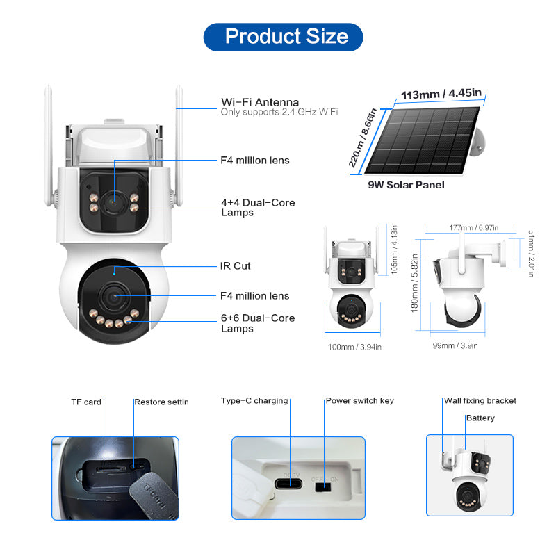 Technical specifications of a security camera with labeled parts and dimensions.