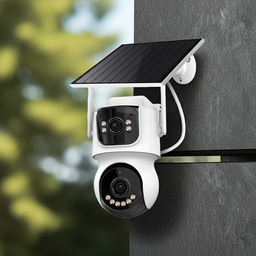 Solar-powered security camera attached to a wall with blurred greenery in the background