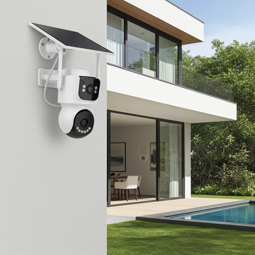 Outdoor security camera with solar panel on a house exterior, with a modern home and pool in the background.