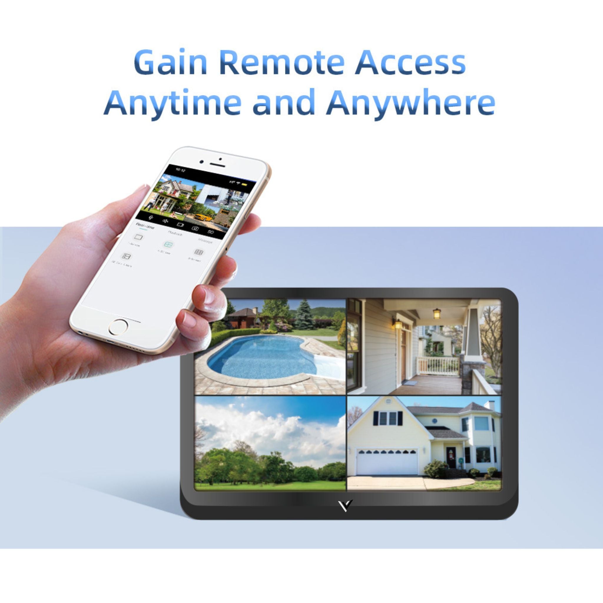 Hand holding a smartphone with a home security app displayed, next to a monitor showing multiple camera views of a house.