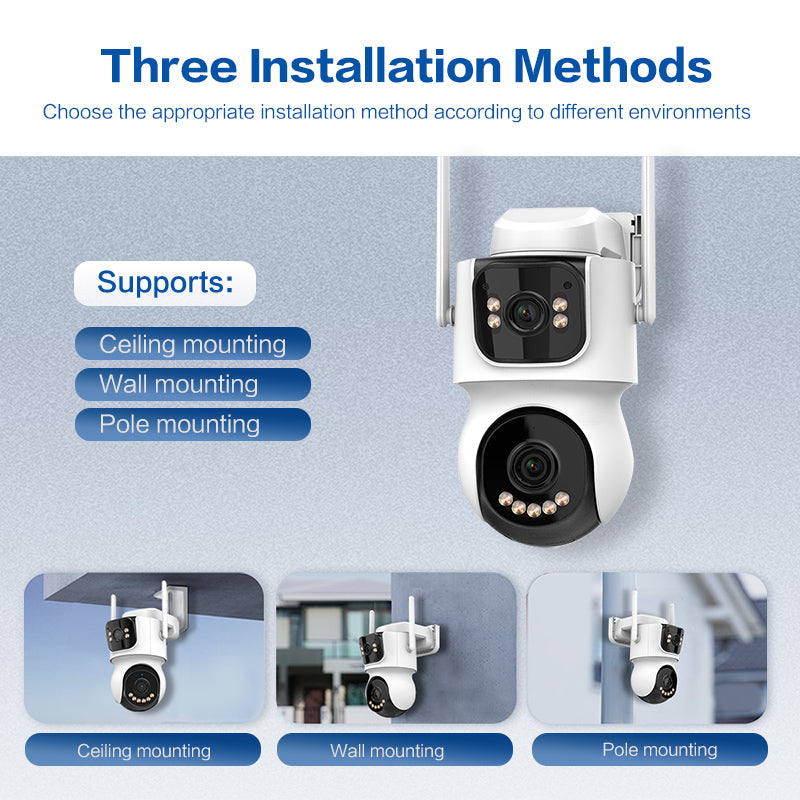 Outdoor security camera with installation methods on a blue background