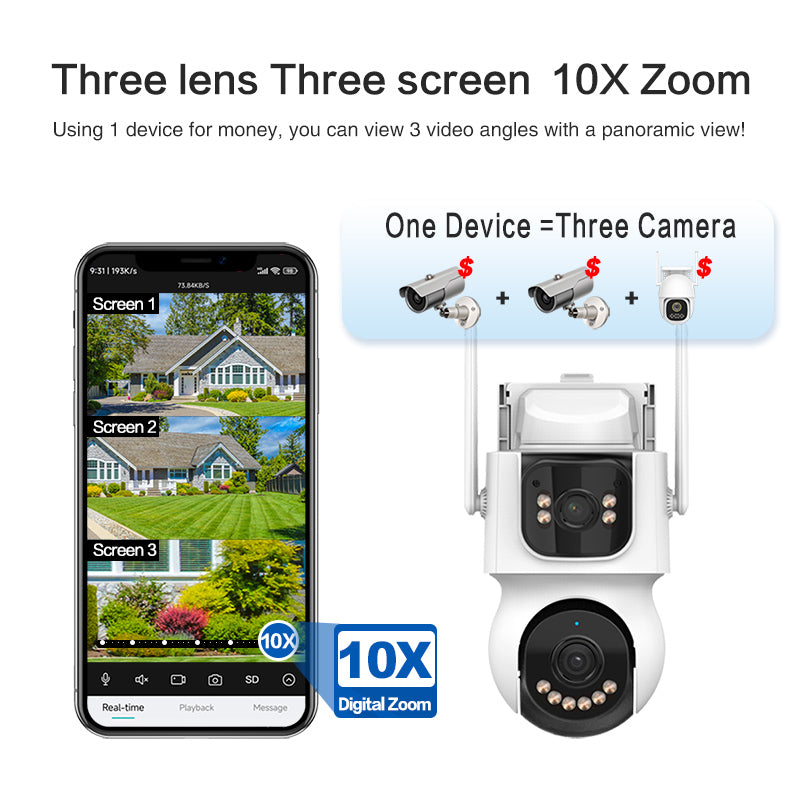 Camera system with smartphone app showing three screens and 10x zoom capabilities on a white background.