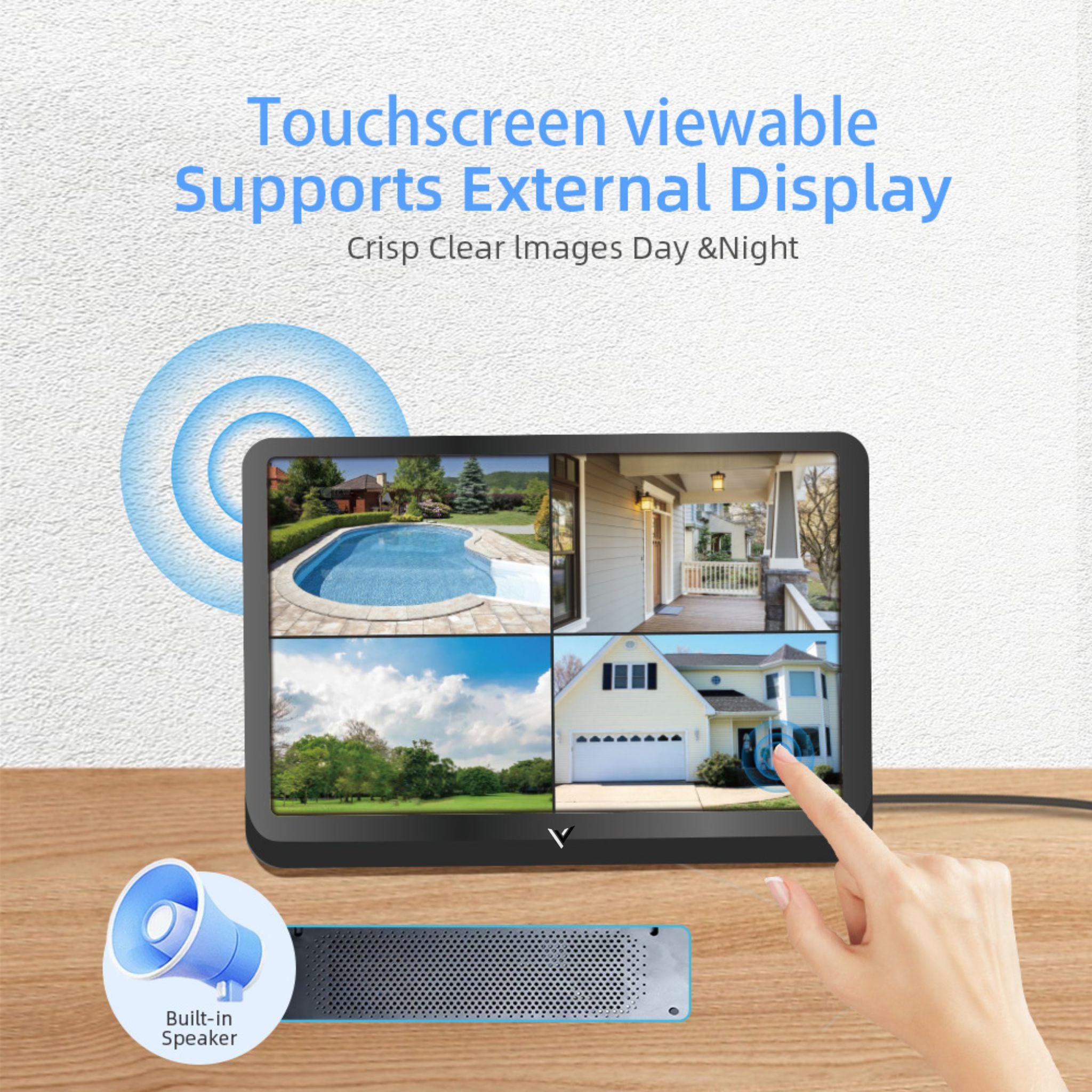 Touchscreen display with built-in speaker on a wooden surface, showing images of a house and pool.