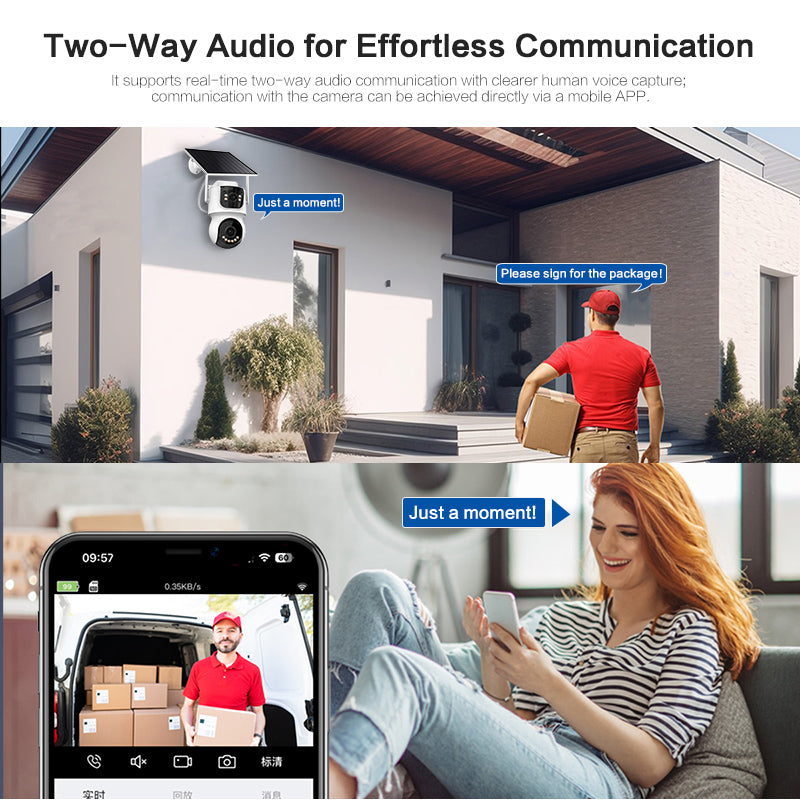 Two-way audio system with a home security camera, person with package, and smartphone app interface.