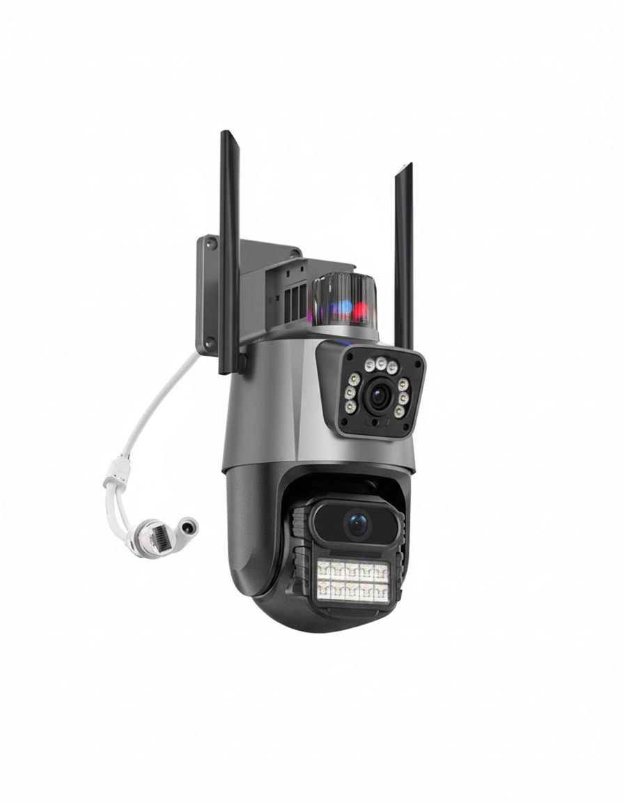 Security camera with multiple lenses and lights on a white background