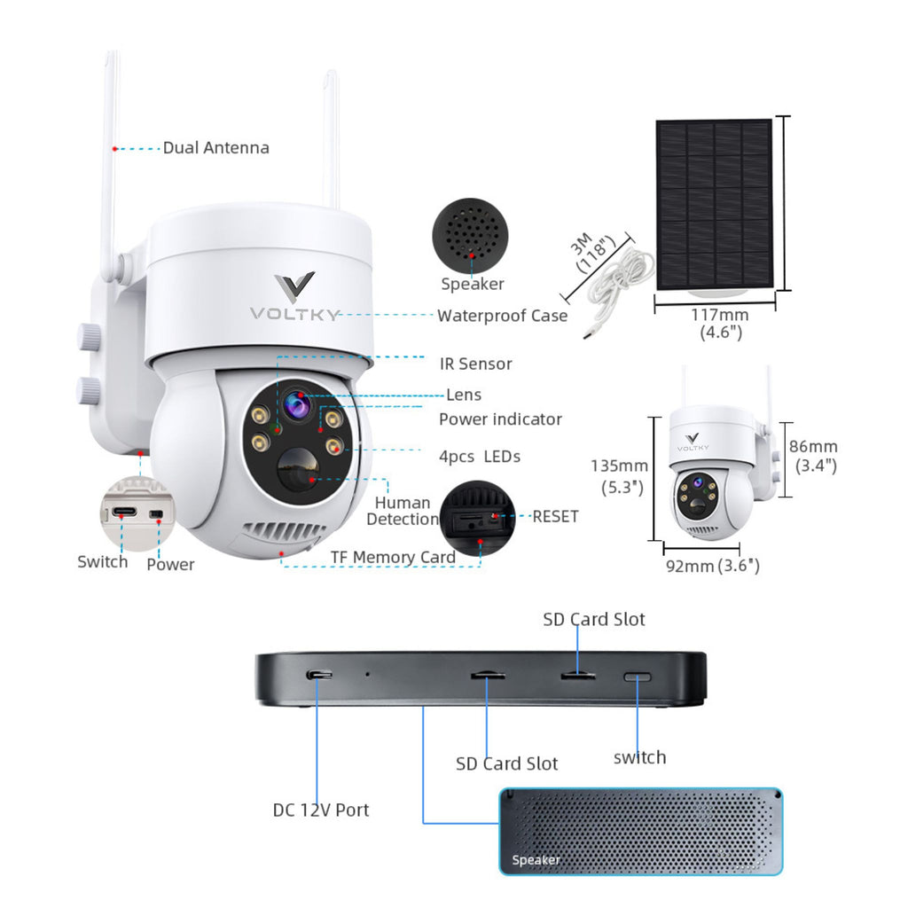 Diagram of a Voltky security camera with labeled parts on a white background
