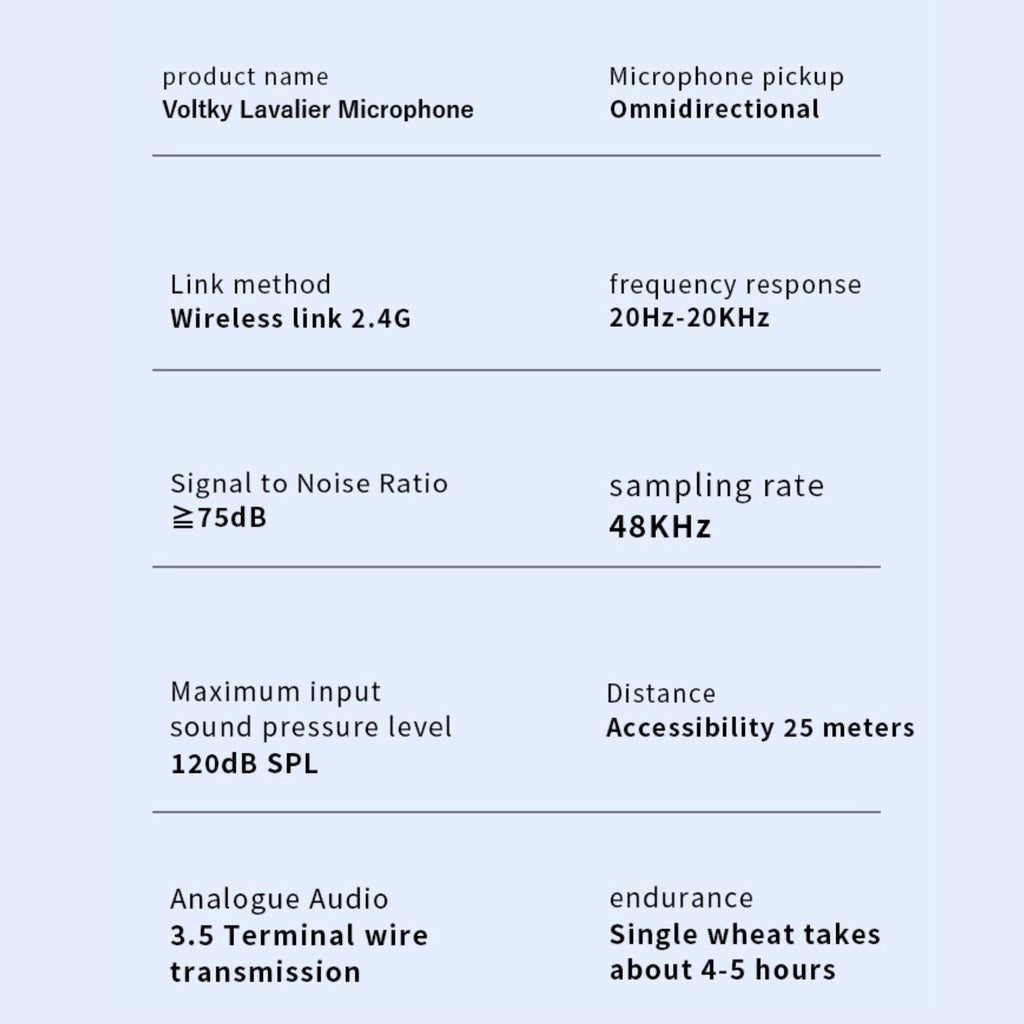 Technical specifications of a Voltky Lavalier Microphone on a light purple background