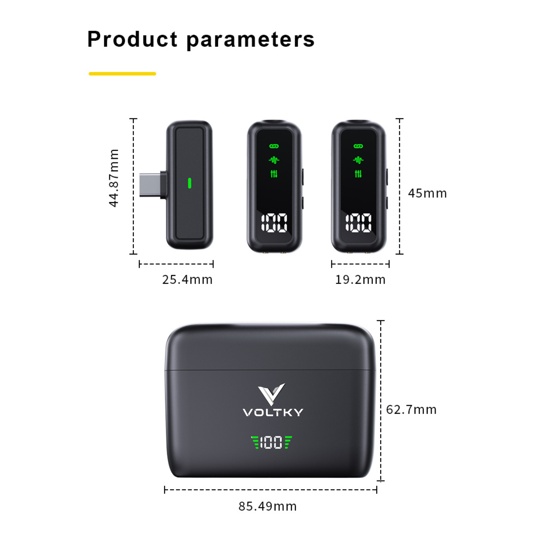 Product dimensions of a VOLTKY device with digital display on a white background