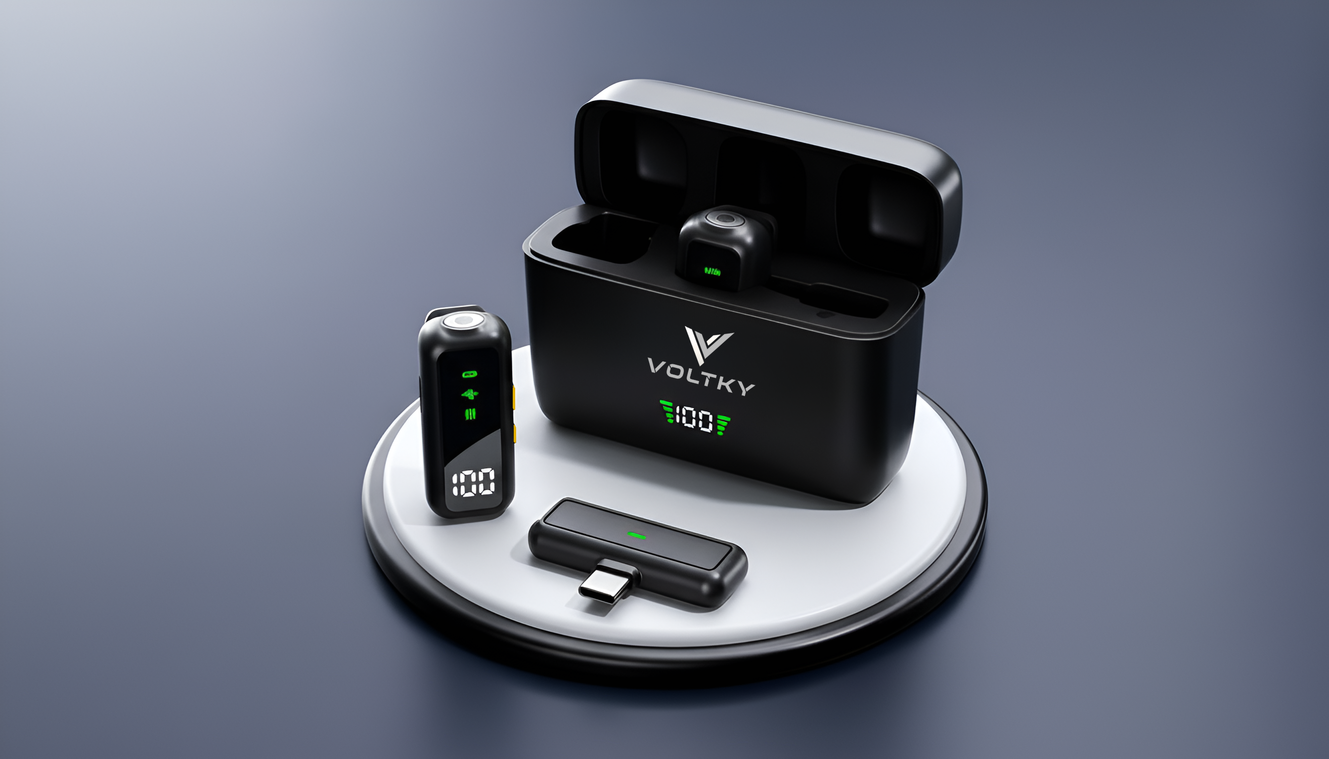 Black wireless lavalier microphone with charging case and accessories on a gray background