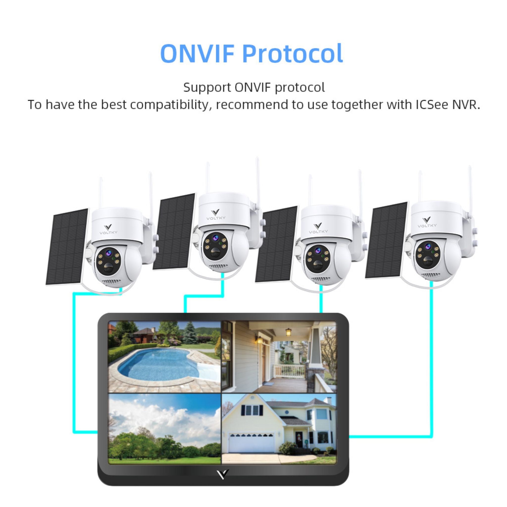 Four security cameras with solar panels and a monitor displaying video feeds on a white background.