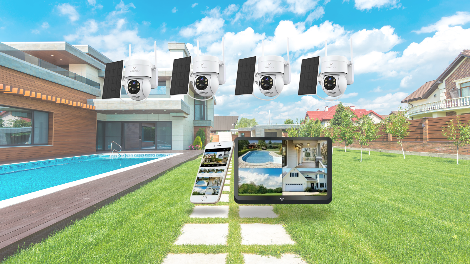 Smart home security system with cameras and a monitor in front of a modern house.