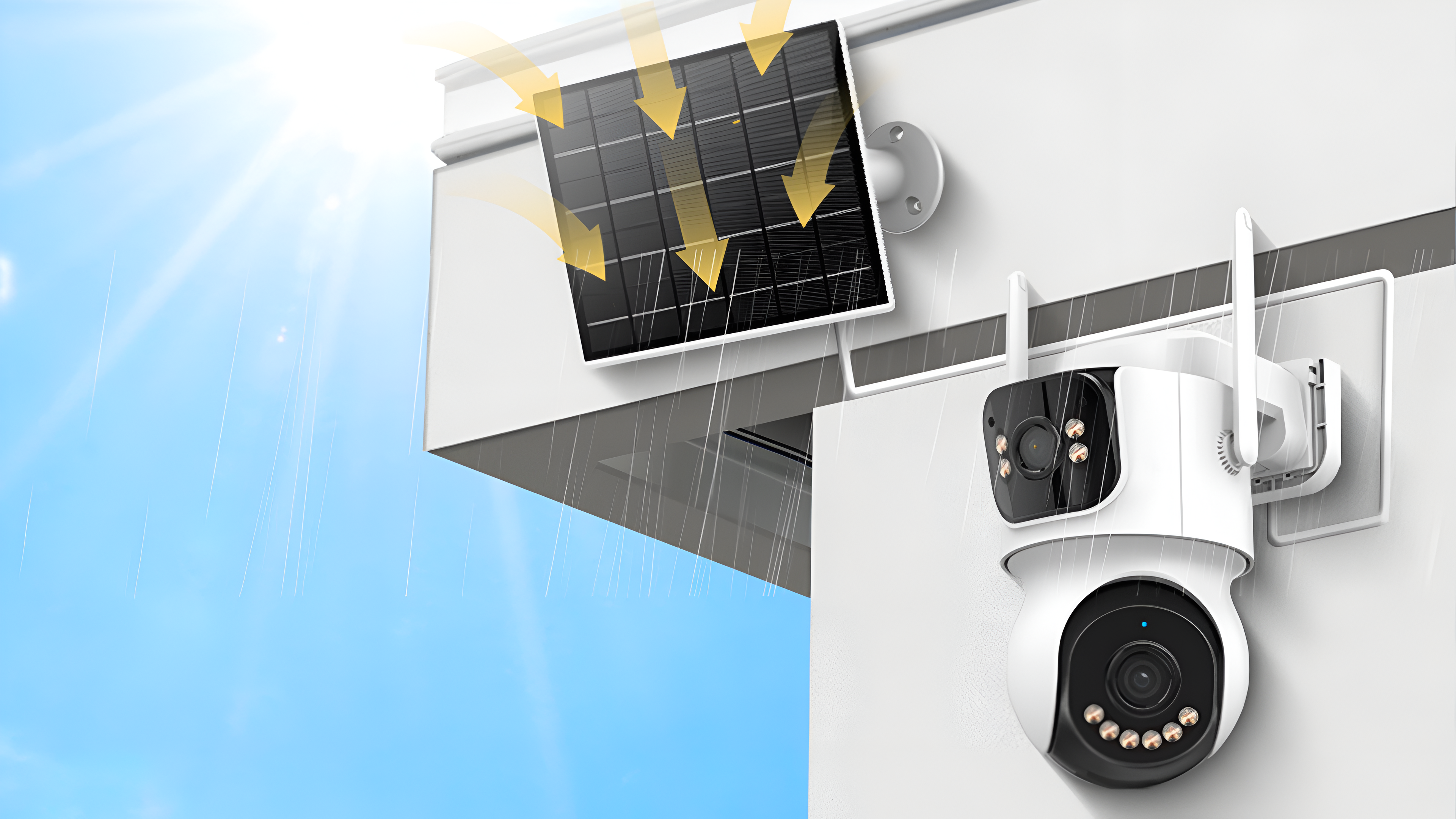 Solar-powered security camera system on a building exterior with solar panel and camera.