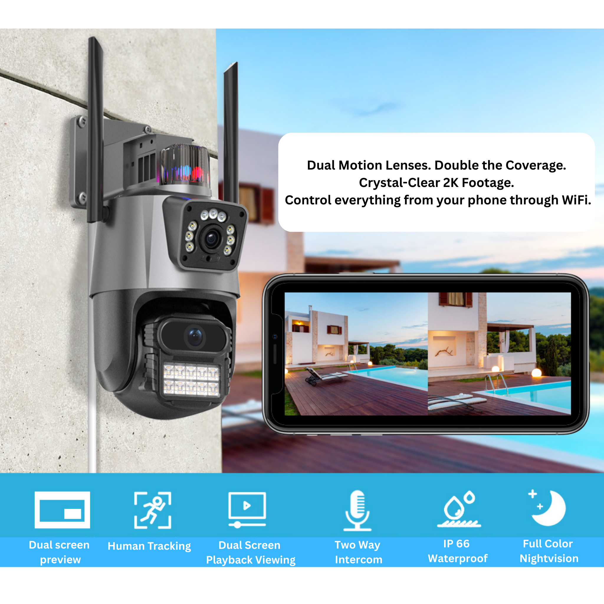 Outdoor security camera system with smartphone app interface, poolside view, and feature icons.