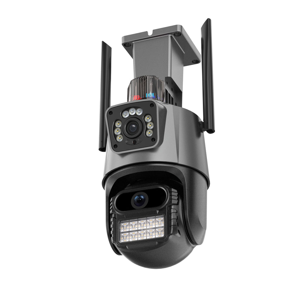 Security camera with multiple lenses and LED lights on a white background
